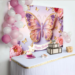 Lofaris Toile de fond anniversaire papillon rose et violet avec perles dorées, magnifique décor de fête pour enfants ou séance photo