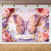 Lofaris Toile de fond anniversaire papillon rose et violet avec perles dorées, magnifique décor de fête pour enfants ou séance photo