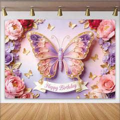 Lofaris Toile de fond anniversaire papillon rose et violet avec perles dorées, magnifique décor de fête pour enfants ou séance photo