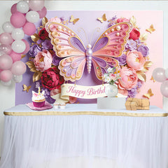 Lofaris Toile de fond joyeux anniversaire papillon rose et violet avec fleurs, magnifique décor de fête pour studio photo