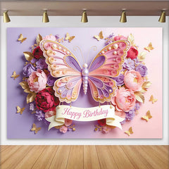 Lofaris Toile de fond joyeux anniversaire papillon rose et violet avec fleurs, magnifique décor de fête pour studio photo