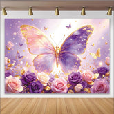 Lofaris Toile de fond anniversaire papillon et fleurs rose violet doré étincelant, magnifique décor de fête pour séance photo et célébration