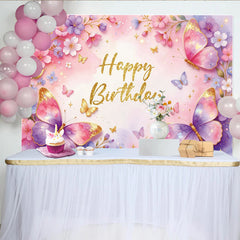 Lofaris Toile de fond joyeux anniversaire papillons roses et violets, décor floral scintillant pour fête, arrière-plan de photographie