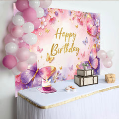 Lofaris Toile de fond joyeux anniversaire papillons roses et violets, décor floral scintillant pour fête, arrière-plan de photographie