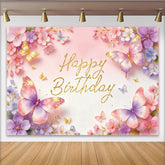 Lofaris Toile de fond joyeux anniversaire papillons scintillants et fleurs roses, magnifique décor de fête pour studio photo et enfants