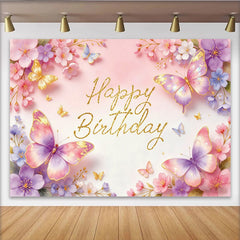 Lofaris Toile de fond joyeux anniversaire papillons scintillants et fleurs roses, magnifique décor de fête pour studio photo et enfants