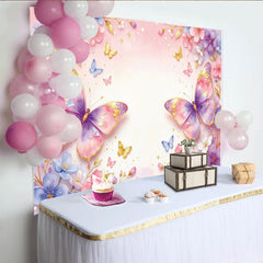 Lofaris Toile de fond pour baby shower fleurs et papillons roses, décor d'arrière-plan aquarelle scintillant pour studio photo