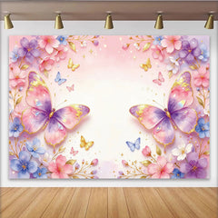 Lofaris Toile de fond pour baby shower fleurs et papillons roses, décor d'arrière-plan aquarelle scintillant pour studio photo
