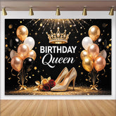 Lofaris Toile de fond anniversaire reine noir et or avec couronne et talons, élégant décor de fête pour femme et séance photo