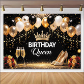 Lofaris Toile de fond anniversaire femme reine noire et or avec ballons et couronne, magnifique décor étincelant pour célébration de fête