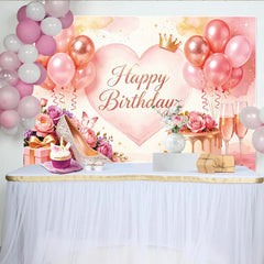 Lofaris Toile de fond anniversaire femme rose or rose ballons couronne, élégant décor de fête pour studio photo et célébration