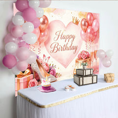 Lofaris Toile de fond anniversaire femme rose or rose ballons couronne, élégant décor de fête pour studio photo et célébration