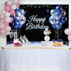 Lofaris Toile de fond joyeux anniversaire bleu et argent avec ballons, décor élégant pour fête d'adultes et studio photo