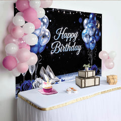 Lofaris Toile de fond joyeux anniversaire bleu et argent avec ballons, décor élégant pour fête d'adultes et studio photo