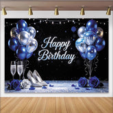 Lofaris Toile de fond joyeux anniversaire bleu et argent avec ballons, décor élégant pour fête d'adultes et studio photo