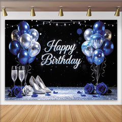 Lofaris Toile de fond joyeux anniversaire bleu et argent avec ballons, décor élégant pour fête d'adultes et studio photo