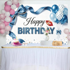Lofaris Toile de fond joyeux anniversaire bleue avec ballons et perles, décor de fête élégant avec ruban pour studio photo