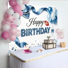 Lofaris Toile de fond joyeux anniversaire bleue avec ballons et perles, décor de fête élégant avec ruban pour studio photo