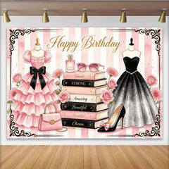 Lofaris Toile de fond anniversaire fille chic avec robes et livres, élégant décor de fête pour studio photo