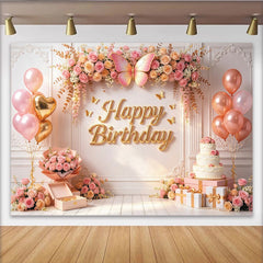 Lofaris Toile de fond joyeux anniversaire rose et or avec fleurs et papillons, décor élégant pour fête et séance photo