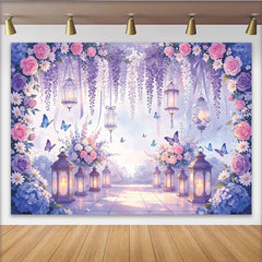 Lofaris Toile de fond de photographie florale et féerique avec roses et lanternes, magnifique décor de jardin romantique pour séance photo