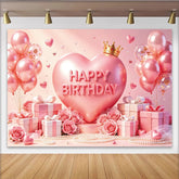 Lofaris Toile de fond rose anniversaire cœur couronne et ballons, magnifique décor de fête avec cadeaux et roses pour séance photo