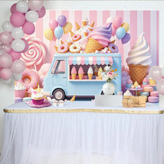 Lofaris Toile de fond anniversaire camion de glaces pastel et donuts, décor gourmand avec ballons et sucreries pour studio photo