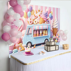 Lofaris Toile de fond anniversaire camion de glaces pastel et donuts, décor gourmand avec ballons et sucreries pour studio photo
