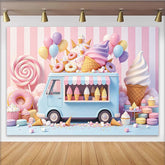 Lofaris Toile de fond anniversaire camion de glaces pastel et donuts, décor gourmand avec ballons et sucreries pour studio photo