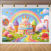 Lofaris Toile de fond pour anniversaire monde des bonbons arc-en-ciel et gâteau féerique, décor de fête coloré pour studio photo et enfants