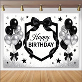 Lofaris Toile de fond joyeux anniversaire noir et argent avec ballons, arrière-plan scintillant pour célébration et photographie