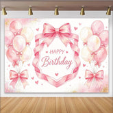Lofaris Toile de fond joyeux anniversaire rose aquarelle avec ballons et cœurs, élégant décor de fête pour studio photo ou célébration
