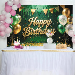 Lofaris Toile de fond joyeux anniversaire vert et or avec ballons et guirlandes, arrière-plan de célébration pour séance photo et studio