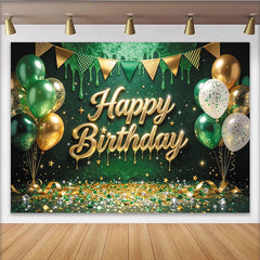 Lofaris Toile de fond joyeux anniversaire vert et or avec ballons et guirlandes, arrière-plan de célébration pour séance photo et studio