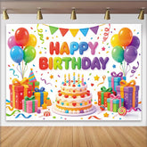 Lofaris Toile de fond joyeux anniversaire colorée avec ballons et gâteau, magnifique décor de fête pour studio photo et célébration