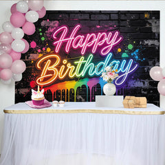 Lofaris Toile de fond pour anniversaire néon graffiti coloré sur mur de briques, arrière-plan de fête vibrant pour studio photo
