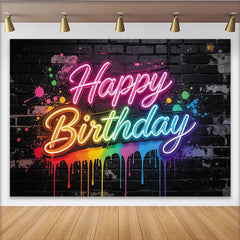 Lofaris Toile de fond pour anniversaire néon graffiti coloré sur mur de briques, arrière-plan de fête vibrant pour studio photo