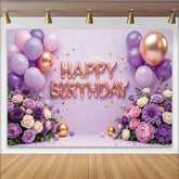 Lofaris Toile de fond joyeux anniversaire rose gold avec fleurs et ballons violets, magnifique décor de fête pour séance photo élégante