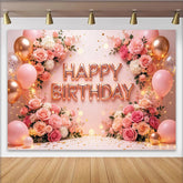 Lofaris Toile de fond joyeux anniversaire rose et or avec ballons et fleurs, magnifique décor de fête pour studio photo et célébration