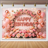 Lofaris Toile de fond joyeux anniversaire rose et or rose avec fleurs et ballons, magnifique décor de fête pour studio photo