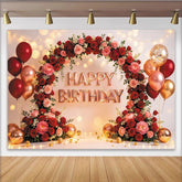 Lofaris Toile de fond joyeux anniversaire florale avec roses et ballons or rose, magnifique décor de fête pour studio photo et événement festif
