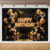 Lofaris Toile de fond anniversaire noir et or avec ballons et roses, magnifique décor de fête pour adultes et studio photo