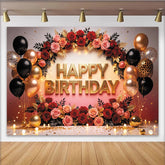 Lofaris Toile de fond anniversaire élégante roses et ballons or noir, arrière-plan scintillant pour fête et studio photo