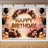 Lofaris Toile de fond joyeux anniversaire doré avec roses et ballons élégants, magnifique décor de fête pour studio photo et célébration