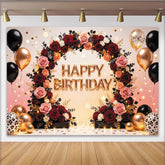 Lofaris Toile de fond anniversaire élégante avec roses rouges et ballons or, magnifique décor de fête pour studio photo