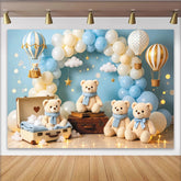 Lofaris Toile de fond pour baby shower avec ours en peluche et montgolfières bleues et blanches, magnifique décor de fête pour studio photo