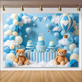 Lofaris Toile de fond baby shower bleue avec oursons et montgolfières, magnifique décor de fête pour nouveau-né et photo studio