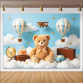 Lofaris Toile de fond pour baby shower ours en peluche et montgolfière, ciel bleu étoilé avec nuages, arrière-plan de photographie pour enfants