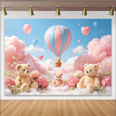 Lofaris Toile de fond pour baby shower ours en peluche et montgolfière, magnifique décor de fête avec nuages roses et ballons pour séance photo