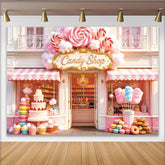 Lofaris Toile de fond rose boutique de bonbons avec gâteaux et macarons, magnifique décor de fête pour studio photo et célébrations